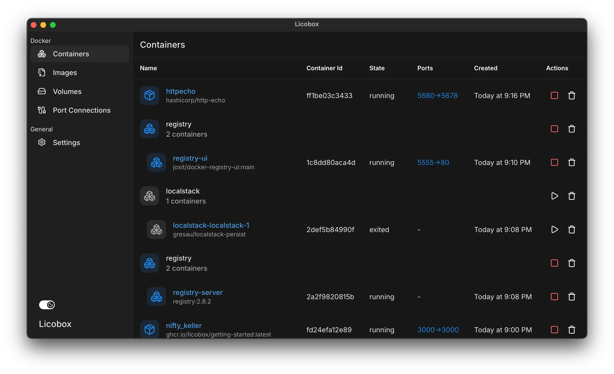 Detail container info.