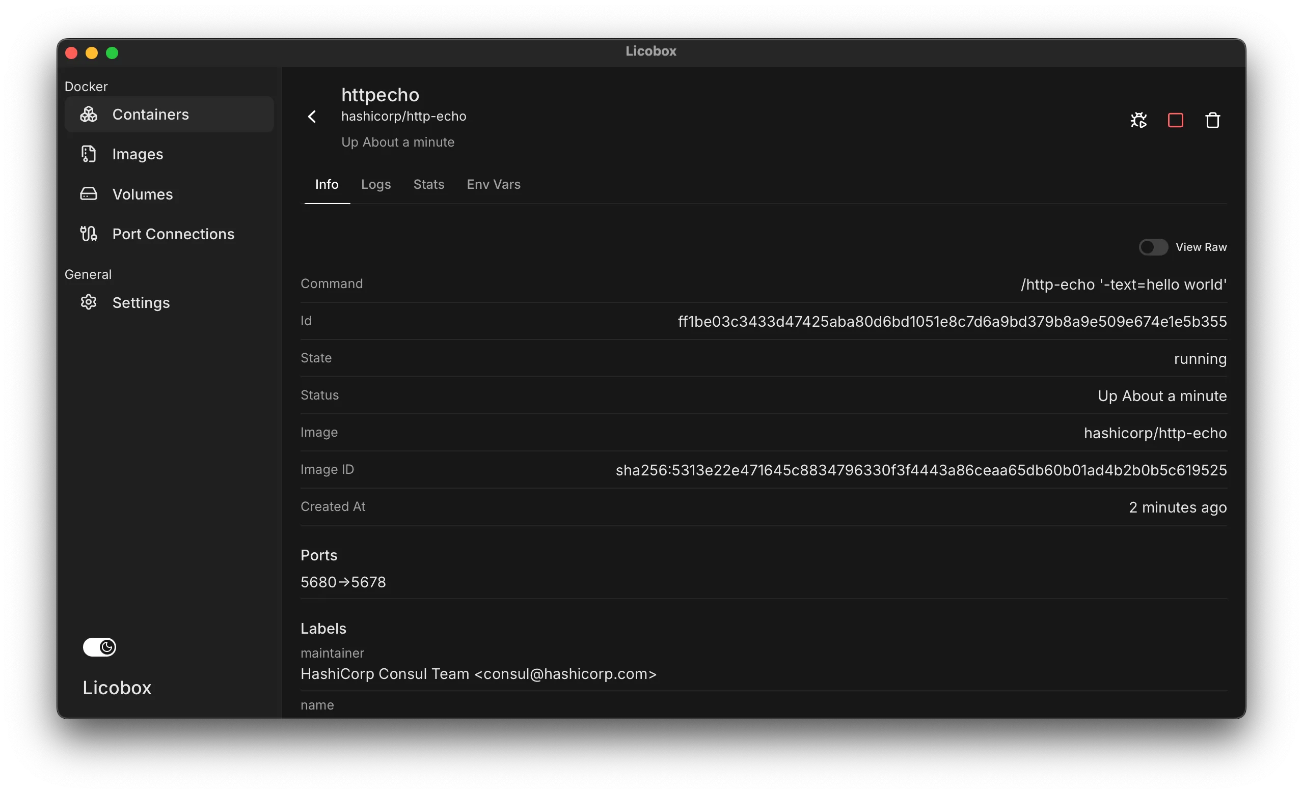 Detail container info.